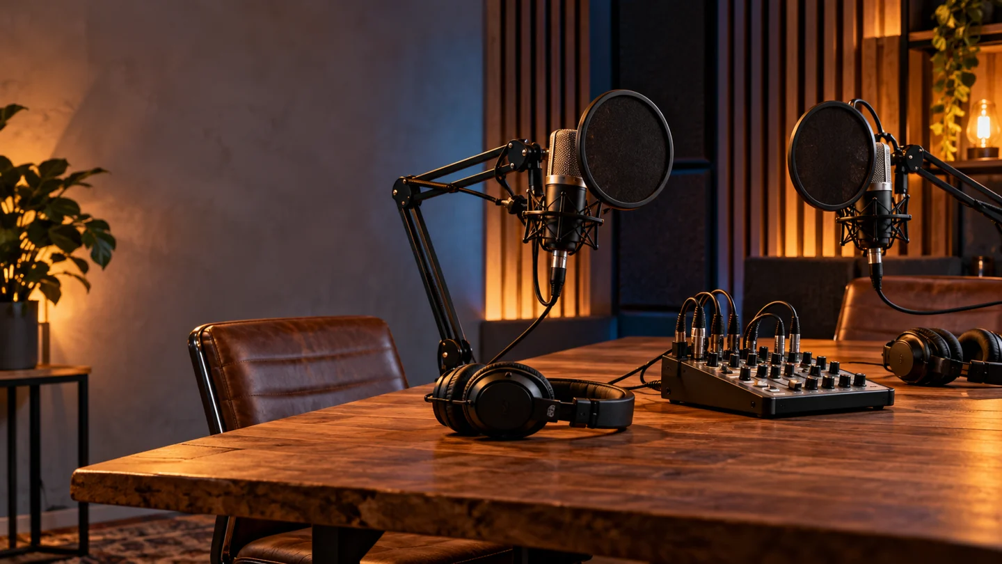 Two microphones, headphones and an audio mixer in a warmly lit podcast studio.