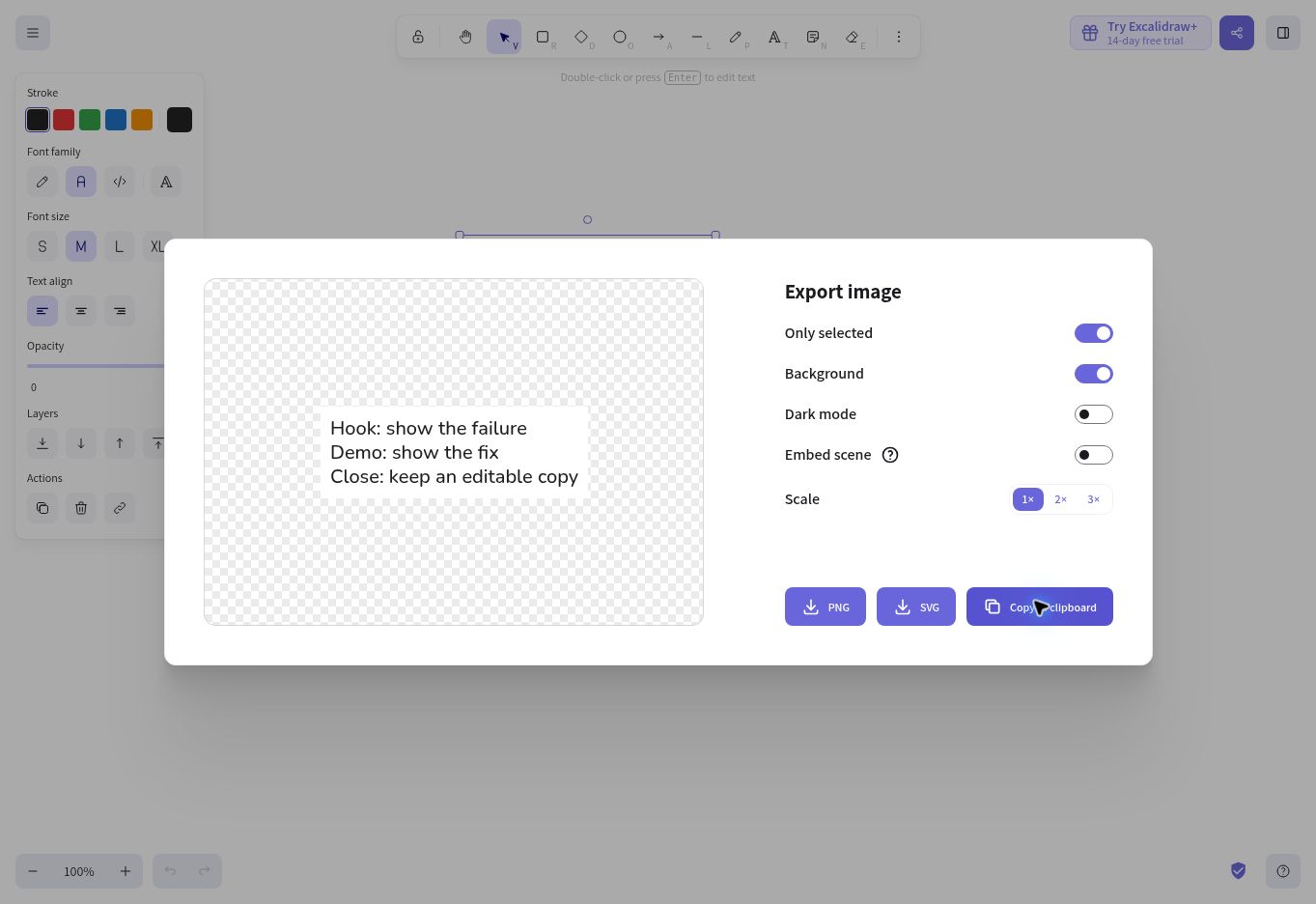 Actual Excalidraw Export image panel with Only selected and Background enabled, Embed scene disabled and Copy to clipboard available