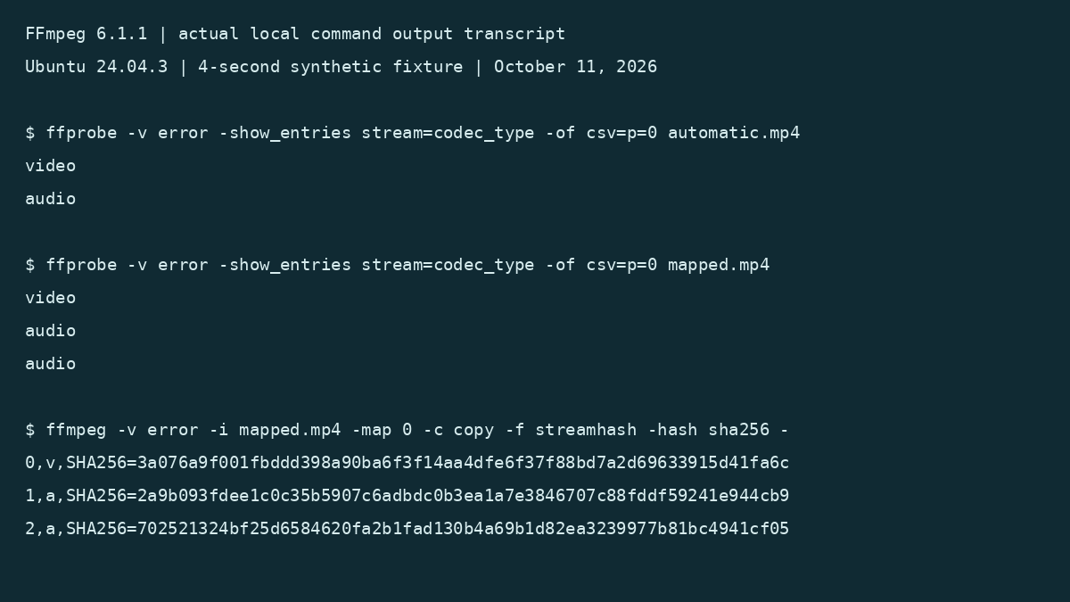 Rendered actual FFmpeg test output shows one audio stream in the automatic MP4 and two in the mapped MP4, with matching stream hashes.