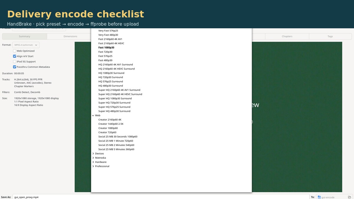 HandBrake Presets list with Very Fast 1080p30 and Social 25 MB visible — delivery encode checklist cover