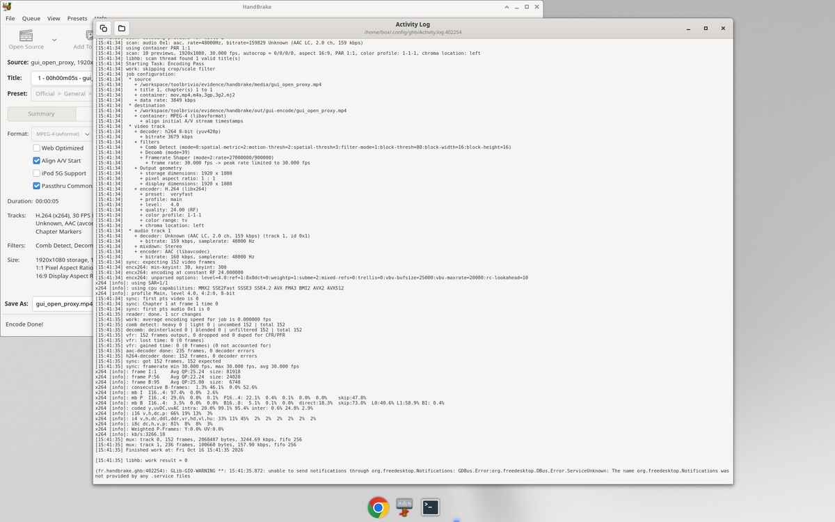 HandBrake Activity Log showing H.264 libx264 veryfast RF 24.00 after Very Fast 1080p30 encode