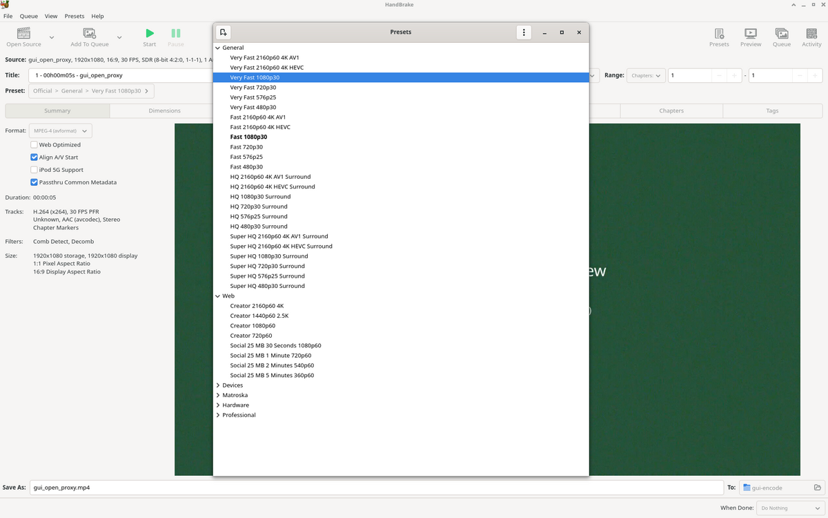 HandBrake Presets window with Very Fast 1080p30 selected and Social 25 MB web presets visible