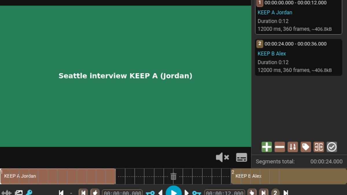 LosslessCut dark UI: green Seattle interview KEEP A preview, Segments to export KEEP A Jordan and KEEP B Alex, timeline gap with trash between brown keep blocks