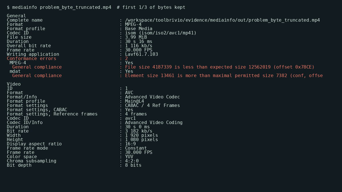 MediaInfo dump of byte-truncated MP4: Conformance errors 2, file size 4187339 less than expected 12562019