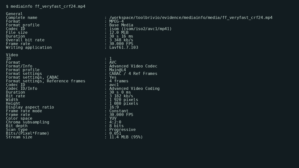 MediaInfo CLI dump of ff_veryfast_crf24.mp4: MPEG-4, 12.0 MiB, Main@L4, AAC stereo — PASS Inform reference