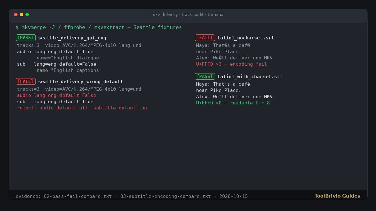 Terminal pass/fail compare of delivered MKV track languages, default flags, and subtitle encoding café vs replacement characters