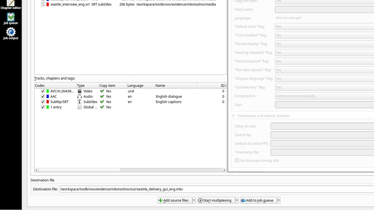 MKVToolNix GUI Multiplexer Tracks list with Language en on AAC and SubRip, English dialogue and English captions names