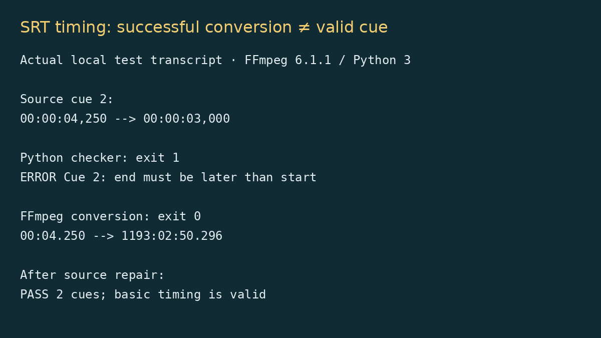 Actual test transcript showing a reversed SRT interval rejected by the checker and accepted by FFmpeg