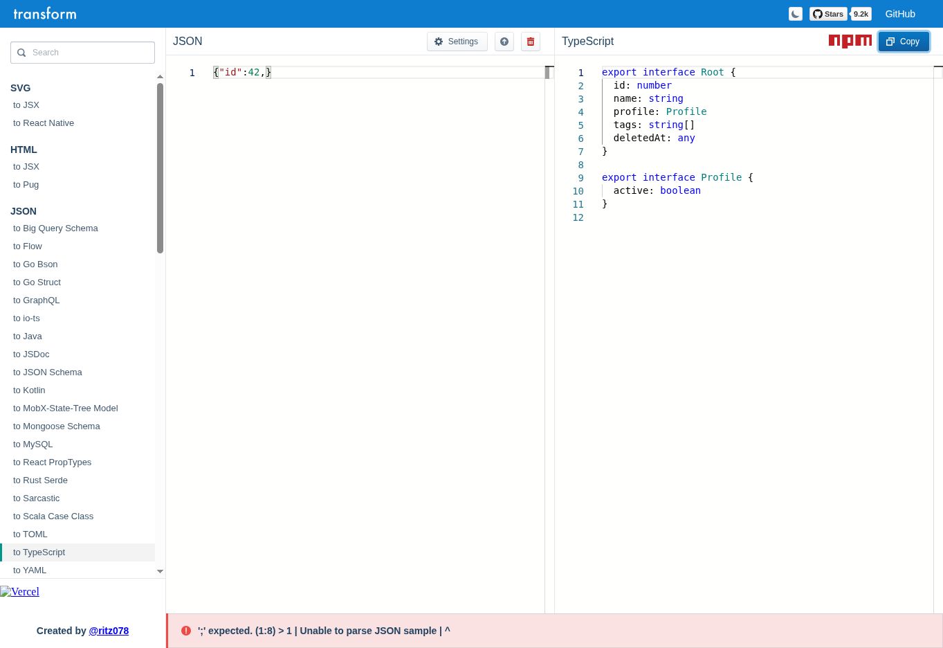 A trailing comma in the JSON input triggers a red parse error strip while the previous TypeScript interfaces remain displayed.