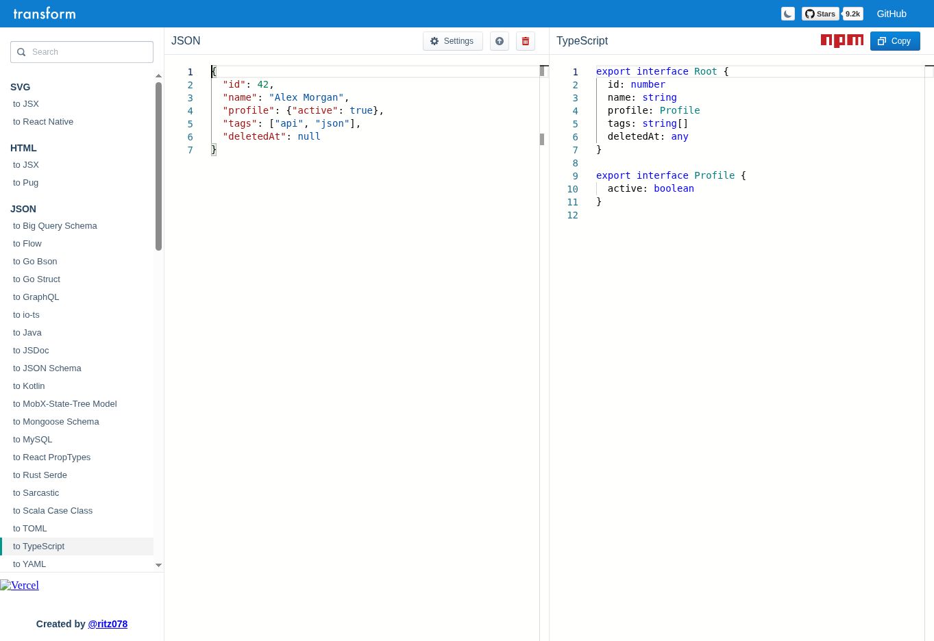 Transform.tools shows the user JSON sample beside Root and Profile interfaces, with deletedAt inferred as any.
